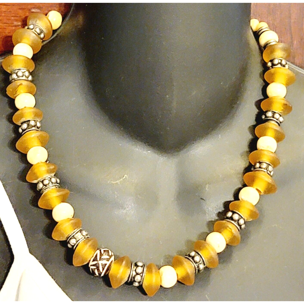 Vintage Tribal Beaded Necklace Yellow Glass & Stone 19” Long Boho‎ rd01-19
